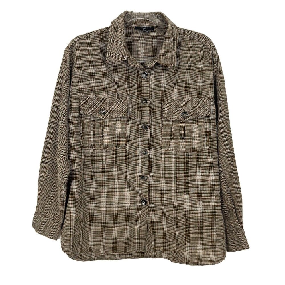 FOREVER 21 Plaid Oversized Button Up Long Sleeve Shirt M Brown Multi NEW A4